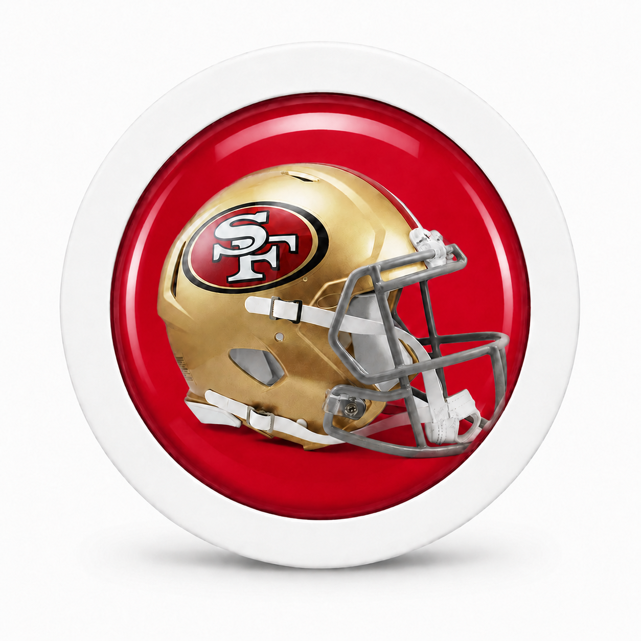 Rodela badge with a gold football helmet on a red background