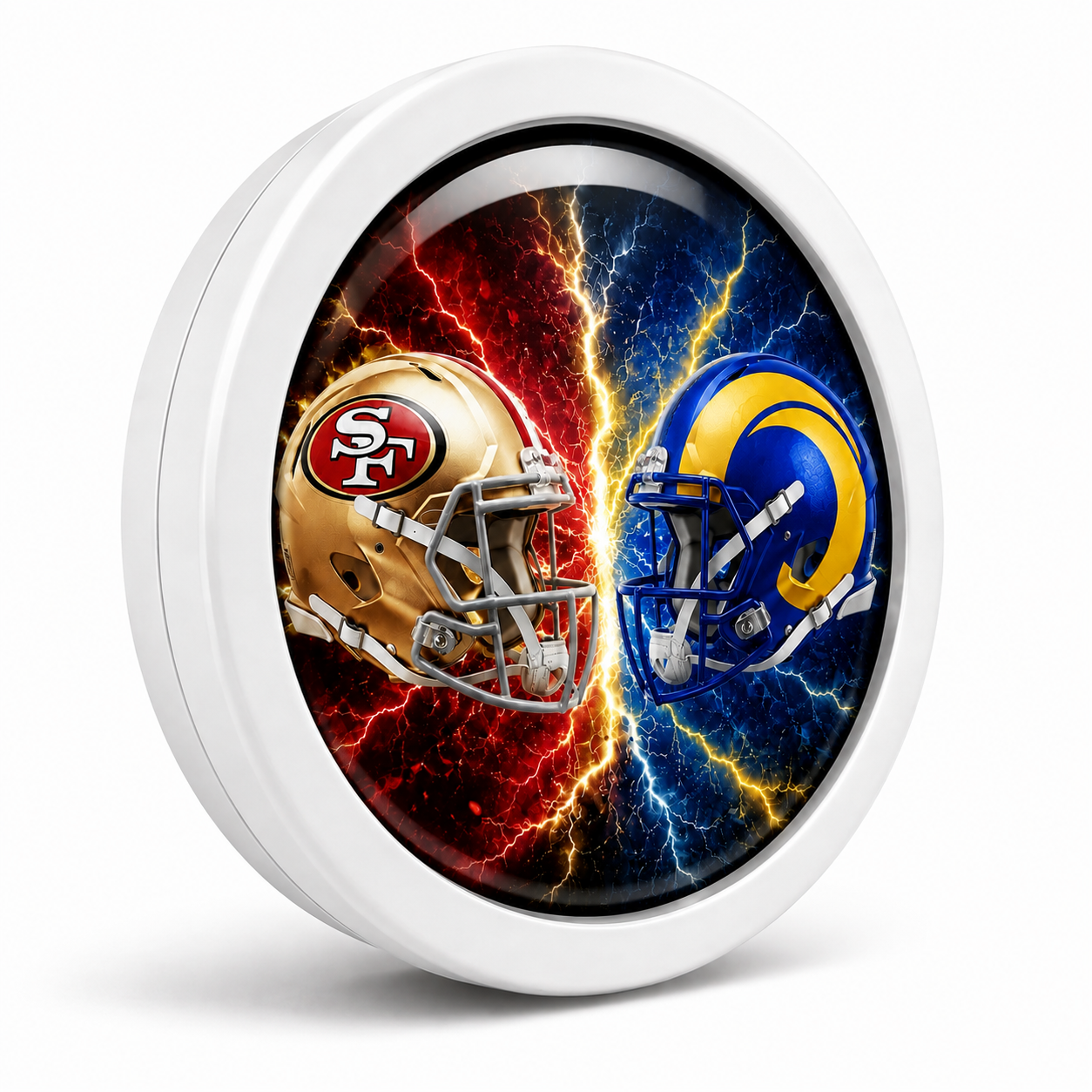49ers versus Rams matchup Rodela — a wearable, snap-on 3D LED badge with an illuminated convex dome