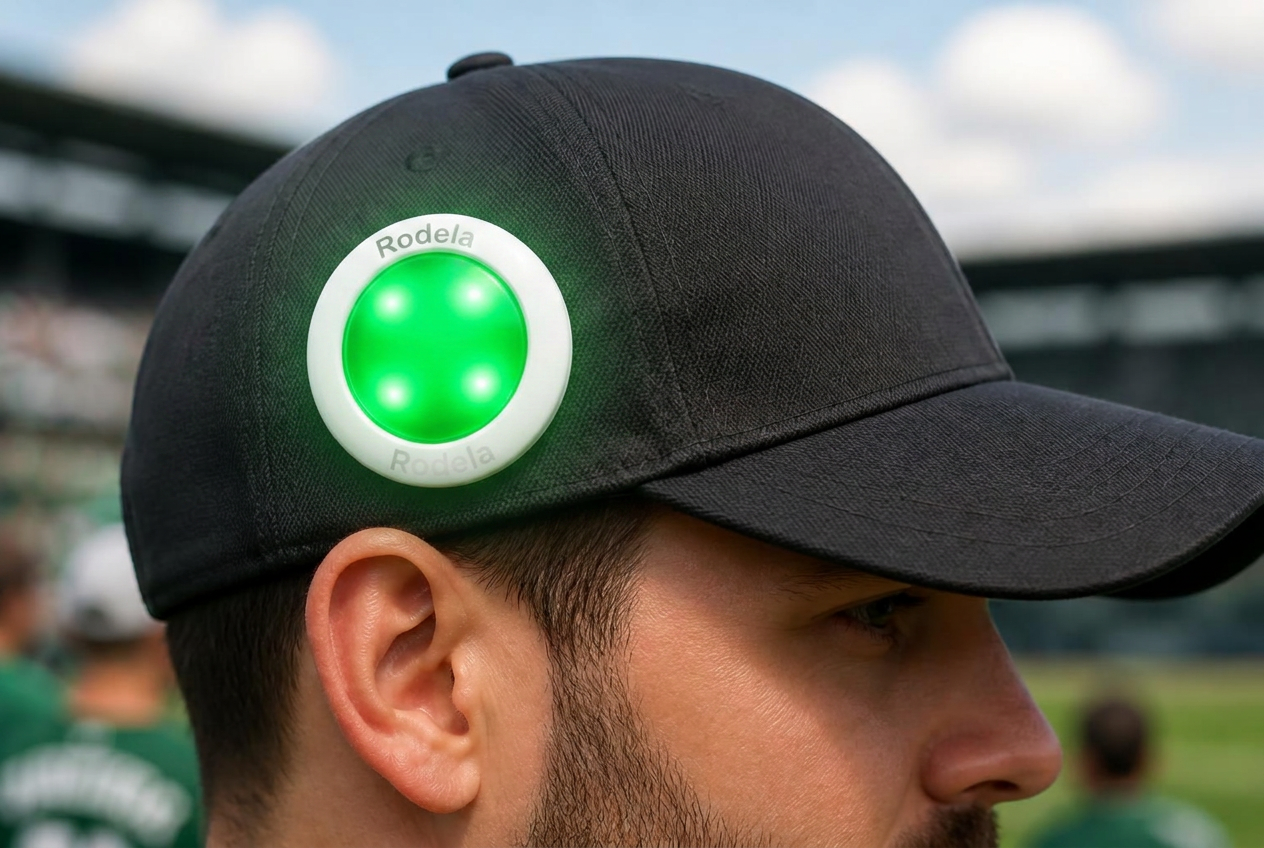 Green Rodela attached to a fan's baseball cap at a stadium