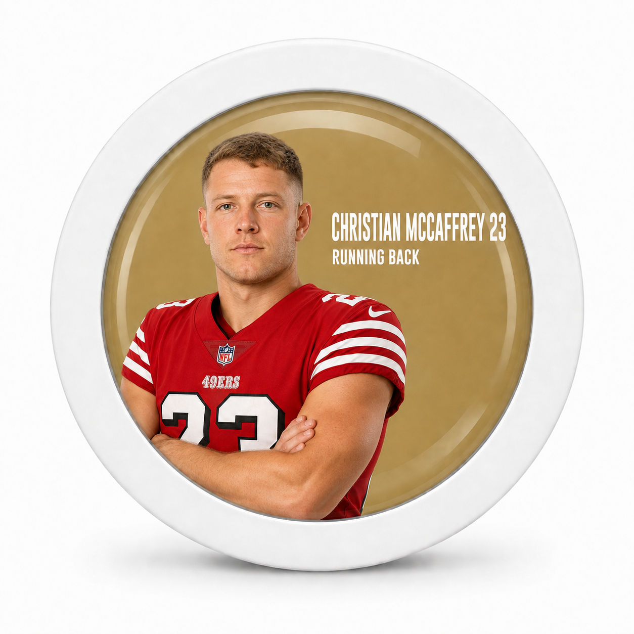 Christian McCaffrey 23 Rodela badge, Running Back edition on 49ers Gold