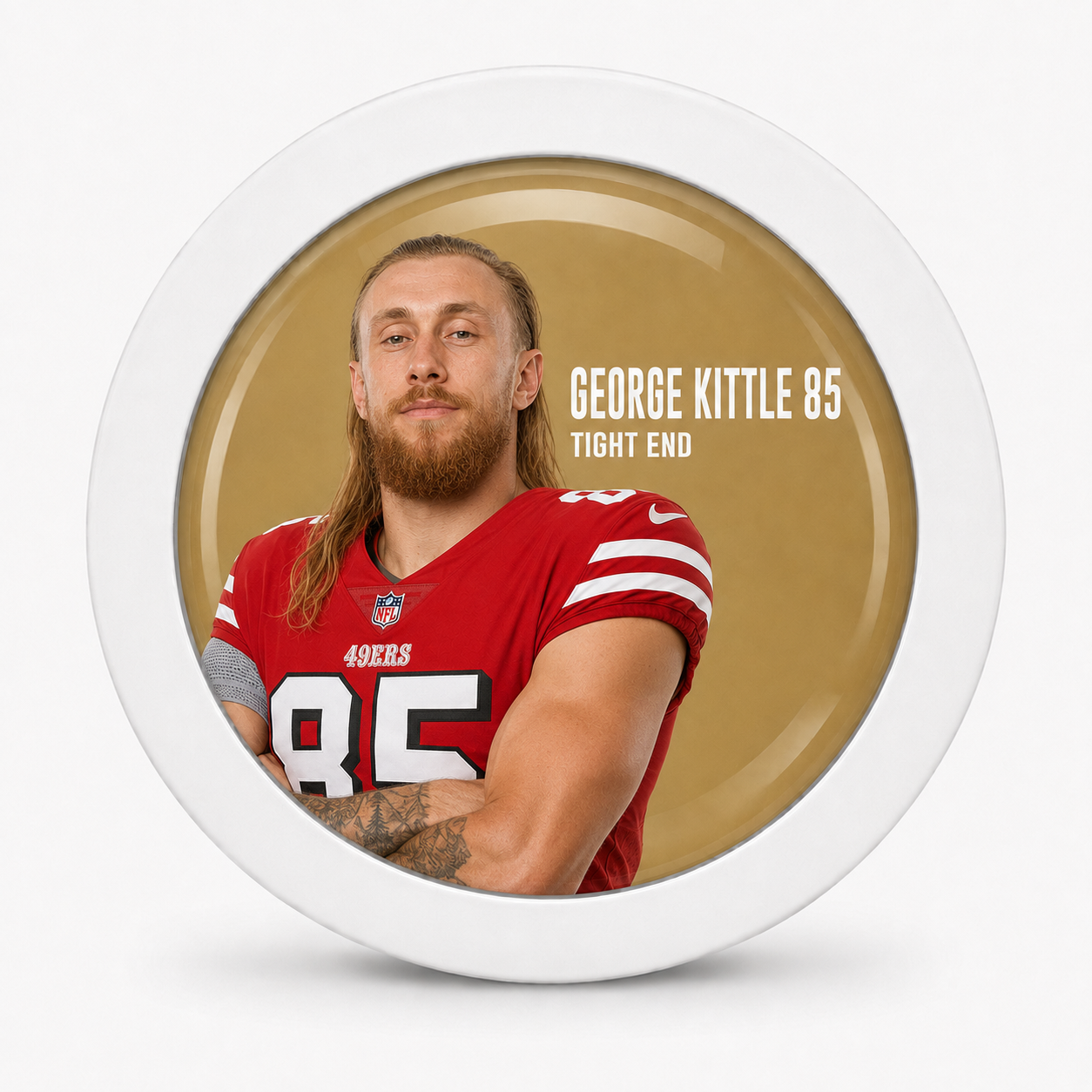 George Kittle 85 Rodela badge, Tight End edition on 49ers Gold