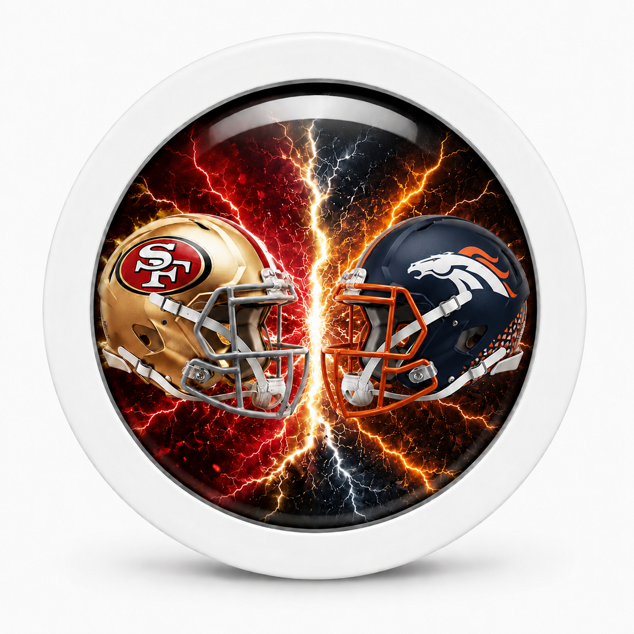 Rodela badge placeholder artwork showing two football helmets facing each other for 49ers versus Broncos