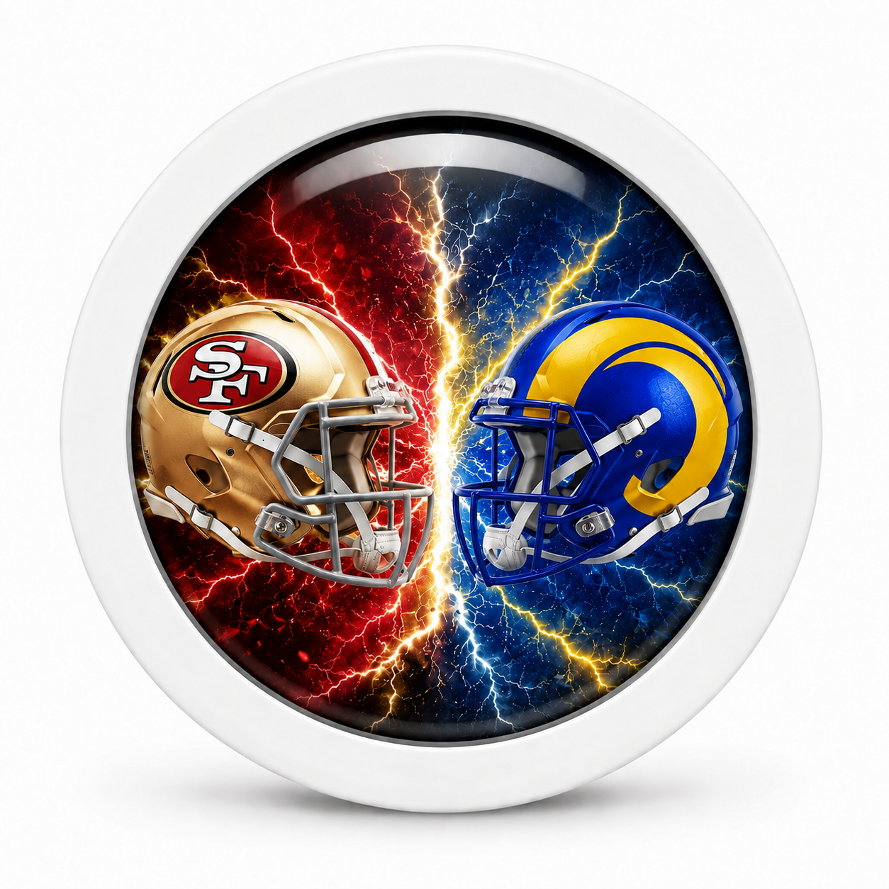 Rodela badge placeholder artwork showing two football helmets facing each other for 49ers versus Rams