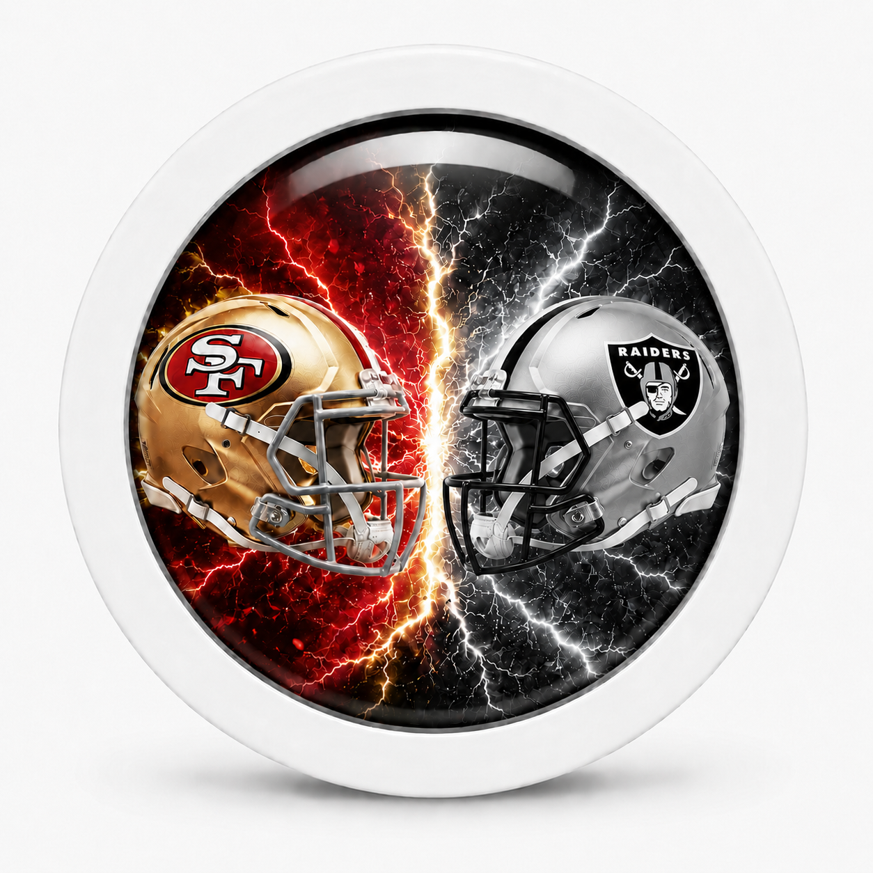 Rodela badge placeholder artwork showing two football helmets facing each other for 49ers versus Raiders