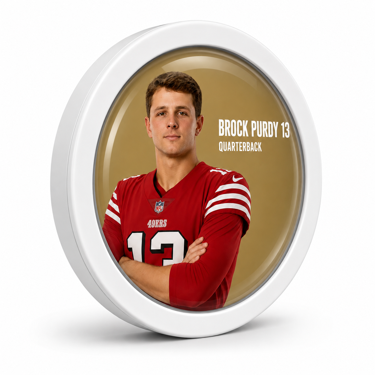 Brock Purdy Rodela — a wearable, snap-on 3D LED badge with an illuminated convex dome