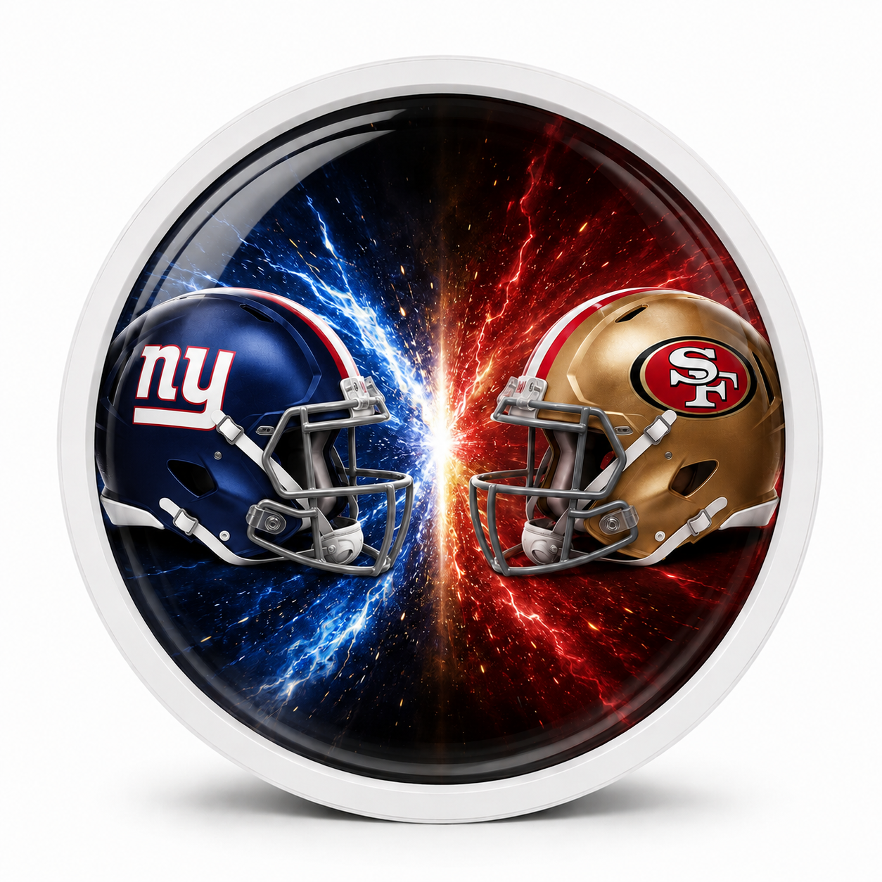 Rodela badge placeholder artwork showing two football helmets facing each other for Giants versus 49ers